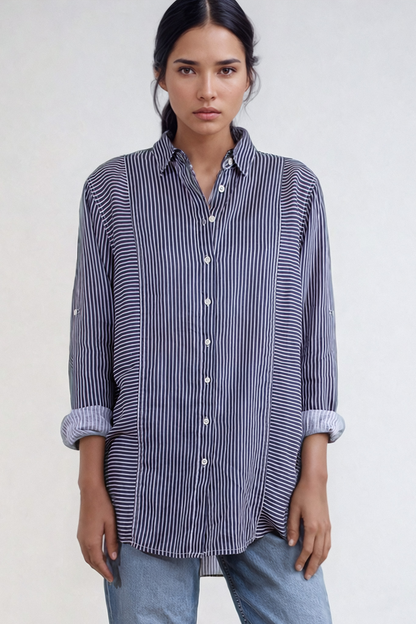 Navy Mixed Stripe Boyfriend Linen Shirt