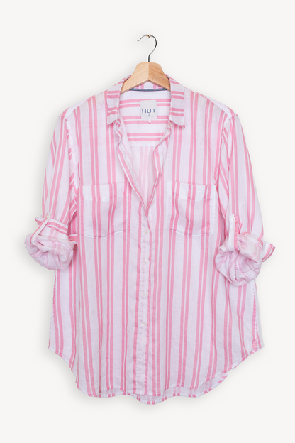 Pink Tracks Stripe Boyfriend Linen Shirt