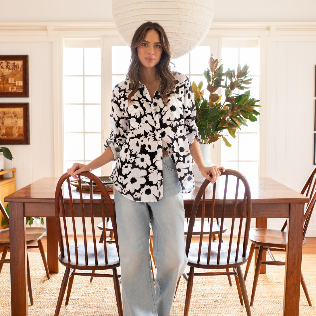 Black and White Floral Boyfriend Linen Shirt