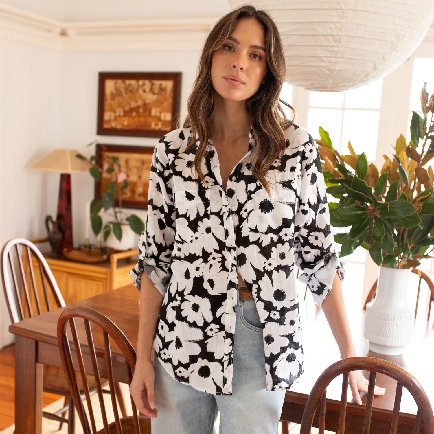 Black and White Floral Boyfriend Linen Shirt