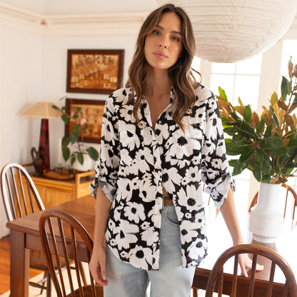 Black and White Floral Boyfriend Linen Shirt