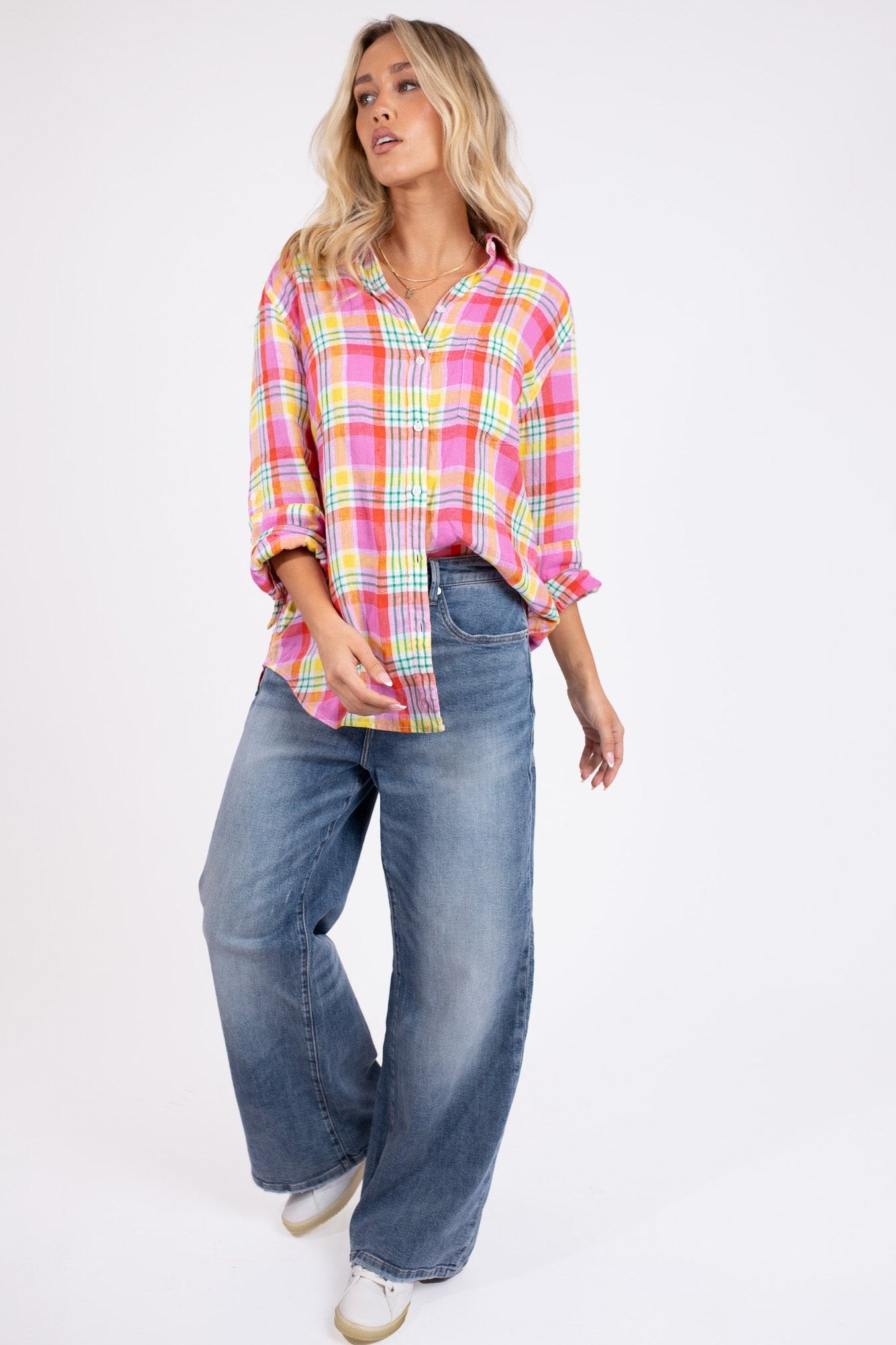 Bubblegum Plaid Boyfriend Linen Shirt