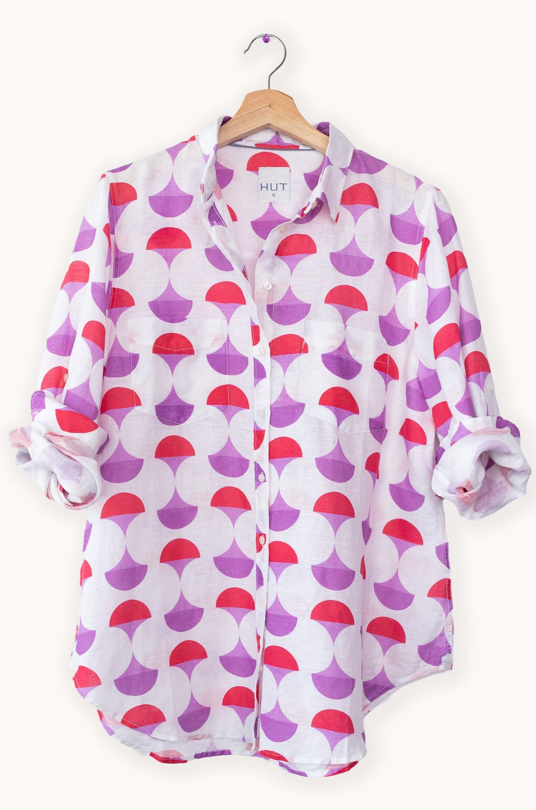 Pink Retro Print Boyfriend Linen Shirt