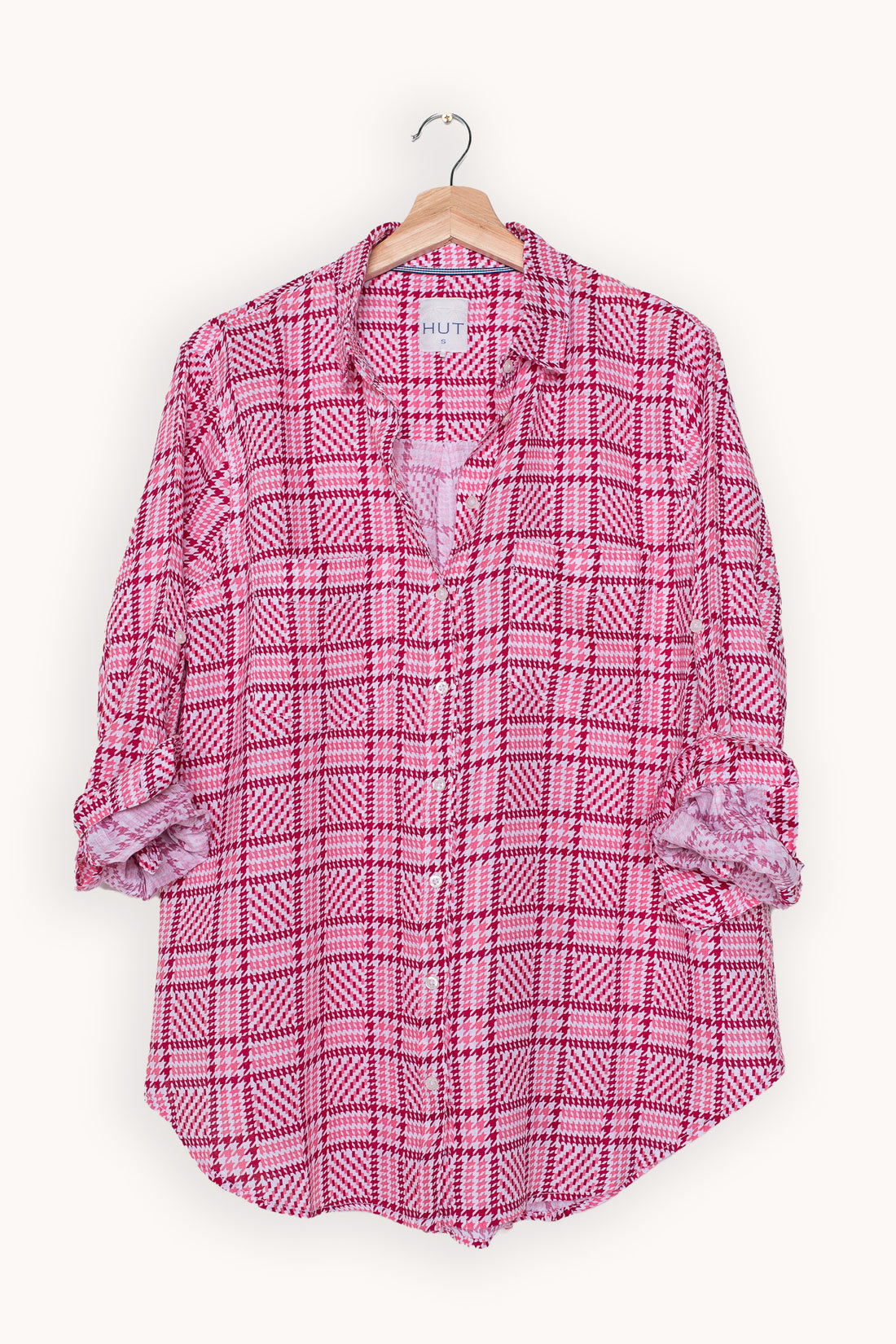 Pink Tweed Print Boyfriend Linen Shirt