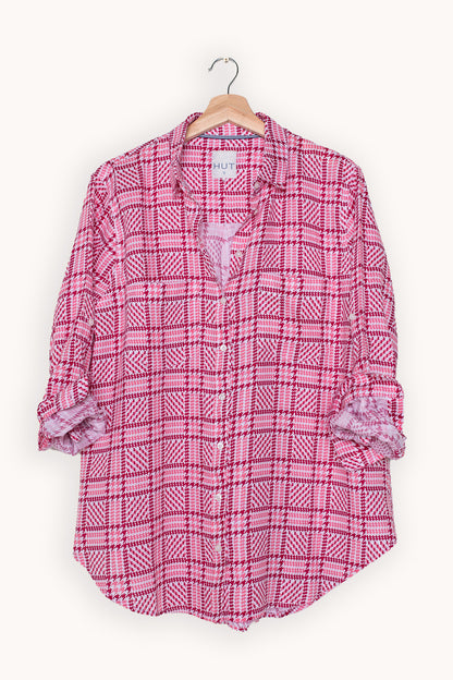 Pink Tweed Print Boyfriend Linen Shirt
