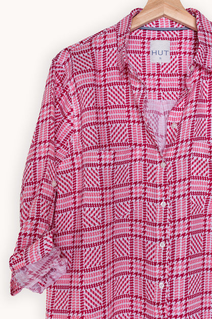 Pink Tweed Print Boyfriend Linen Shirt