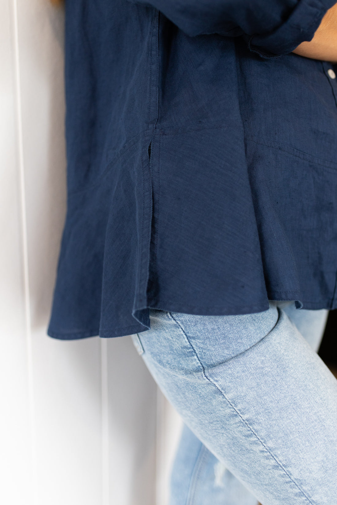 Navy Linen Peplum Shirt