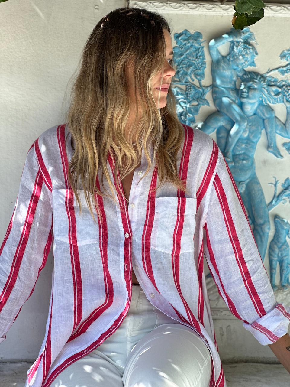 Raspberry Raised Stripe Boyfriend Linen Shirt