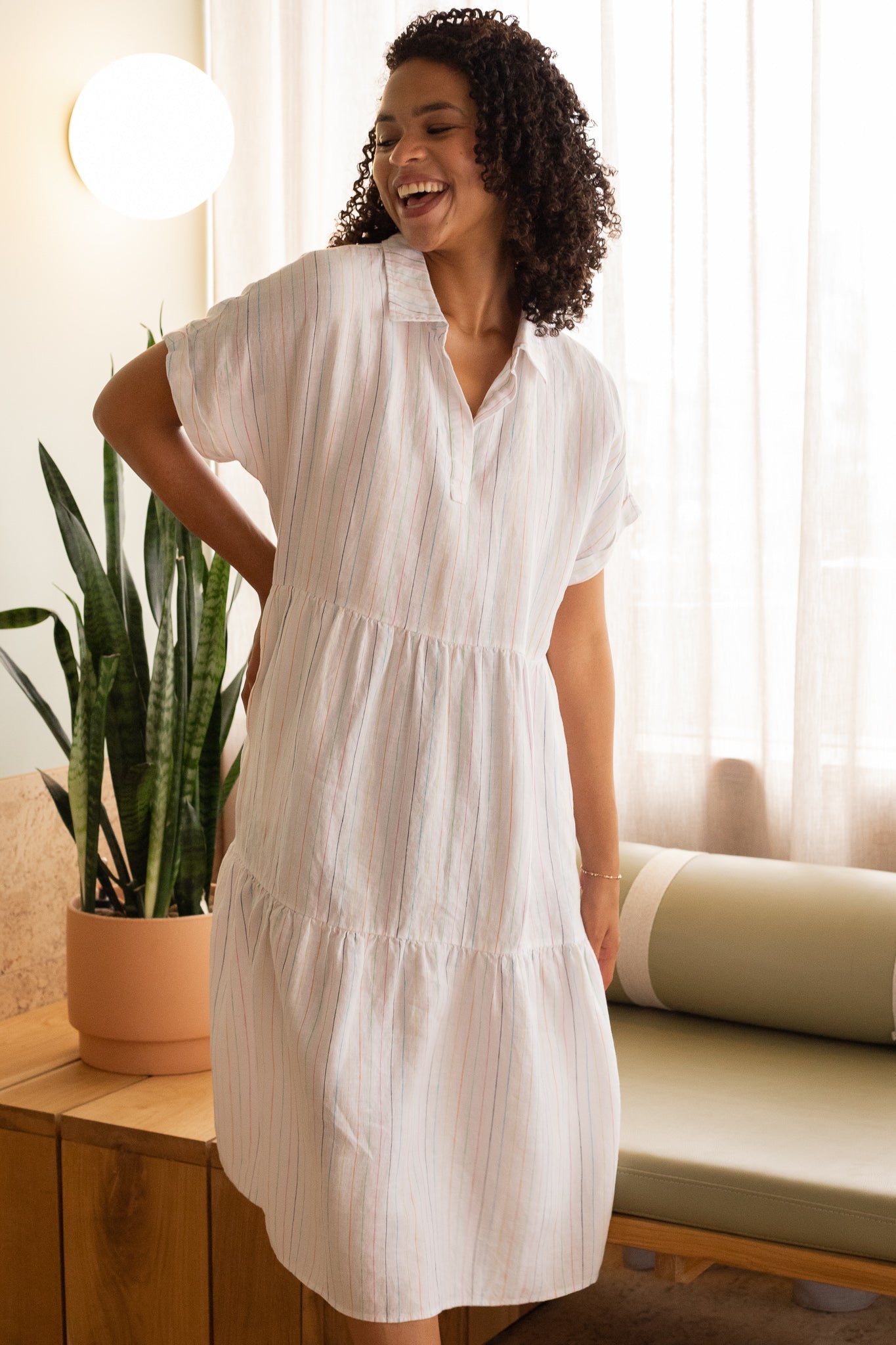 Rainbow Pinstripe Linen Midi Dress with Collar