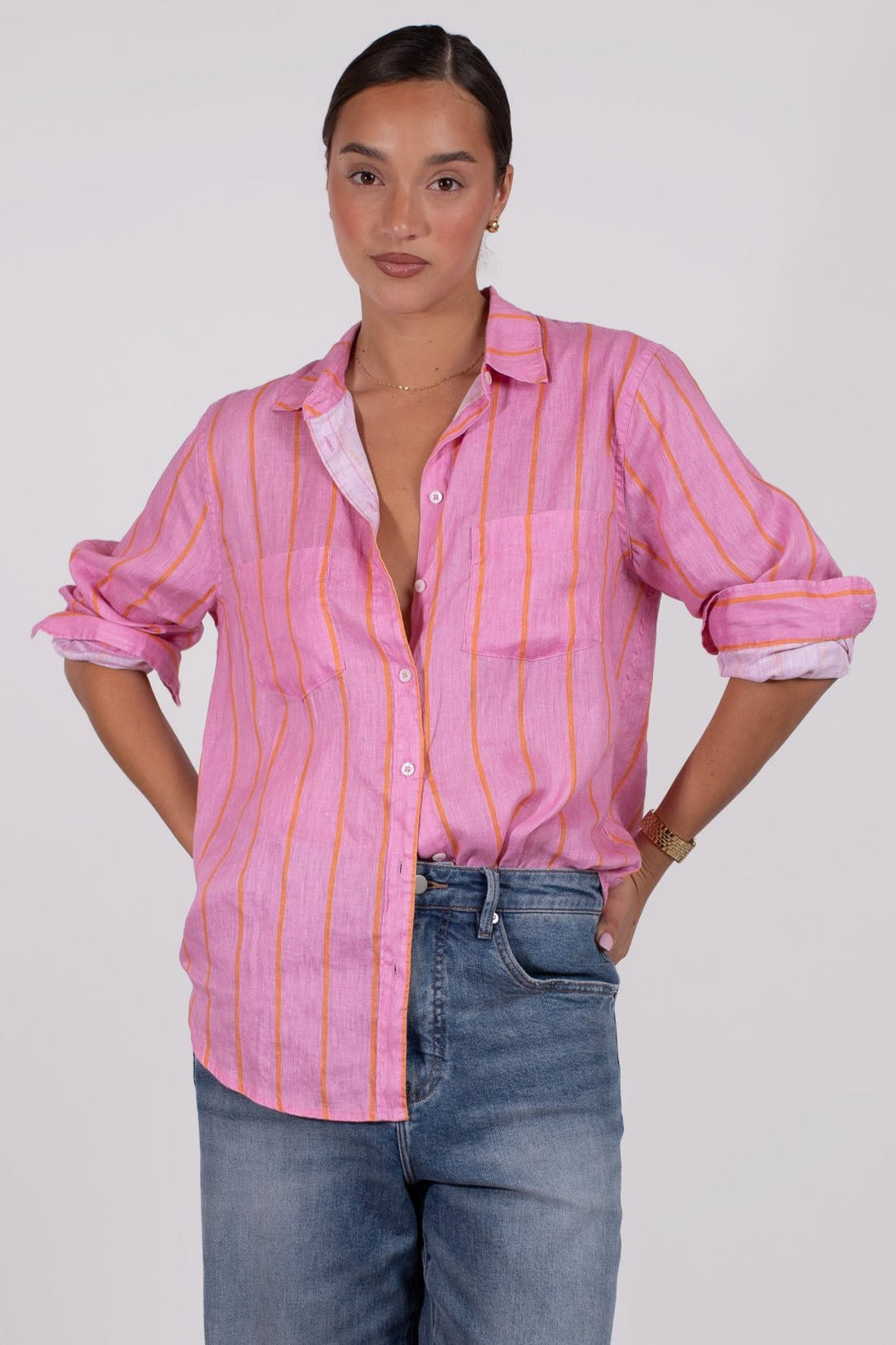 Papaya Punch Stripe Boyfriend Linen Shirt