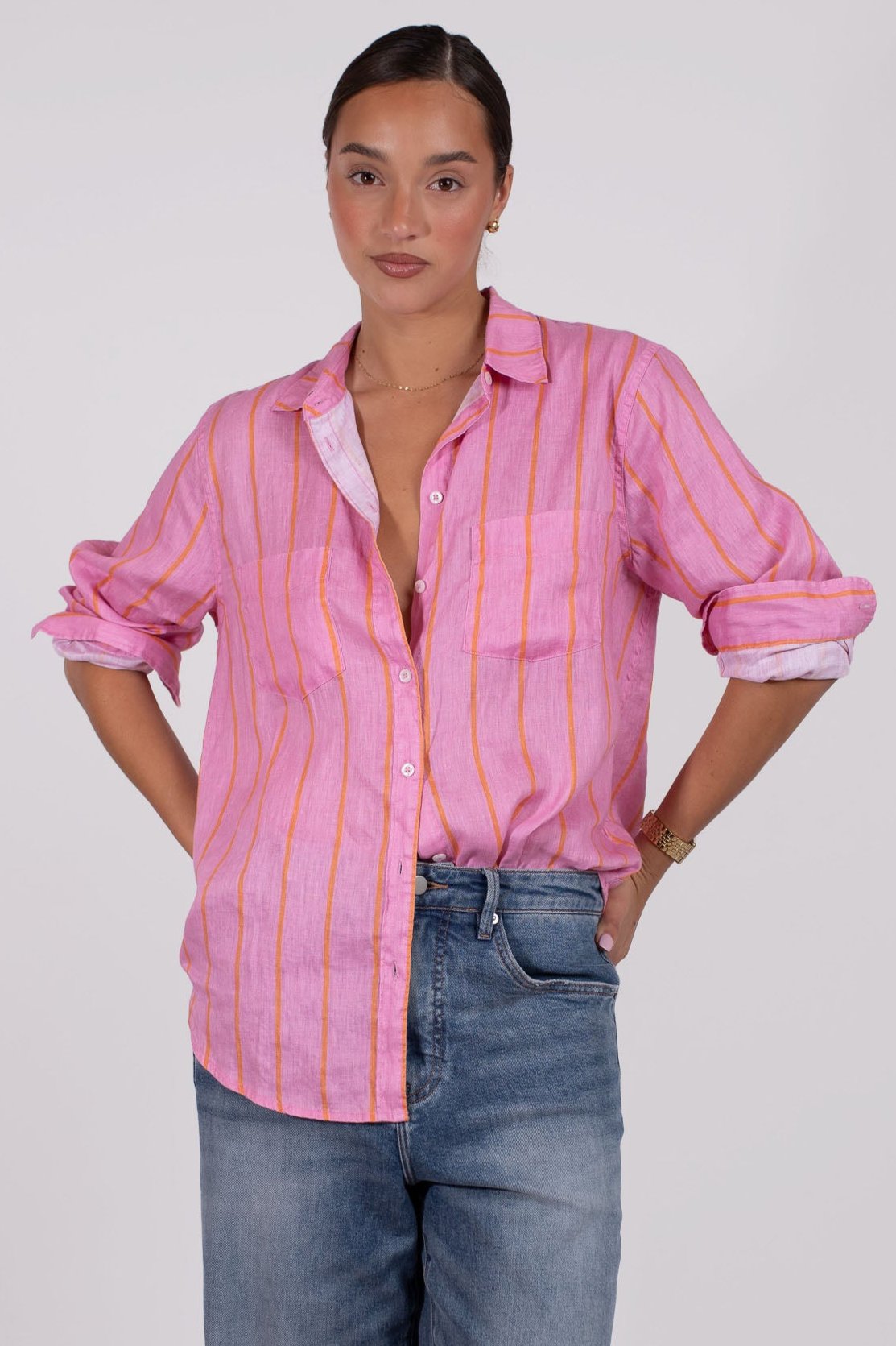 Papaya Punch Stripe Boyfriend Linen Shirt