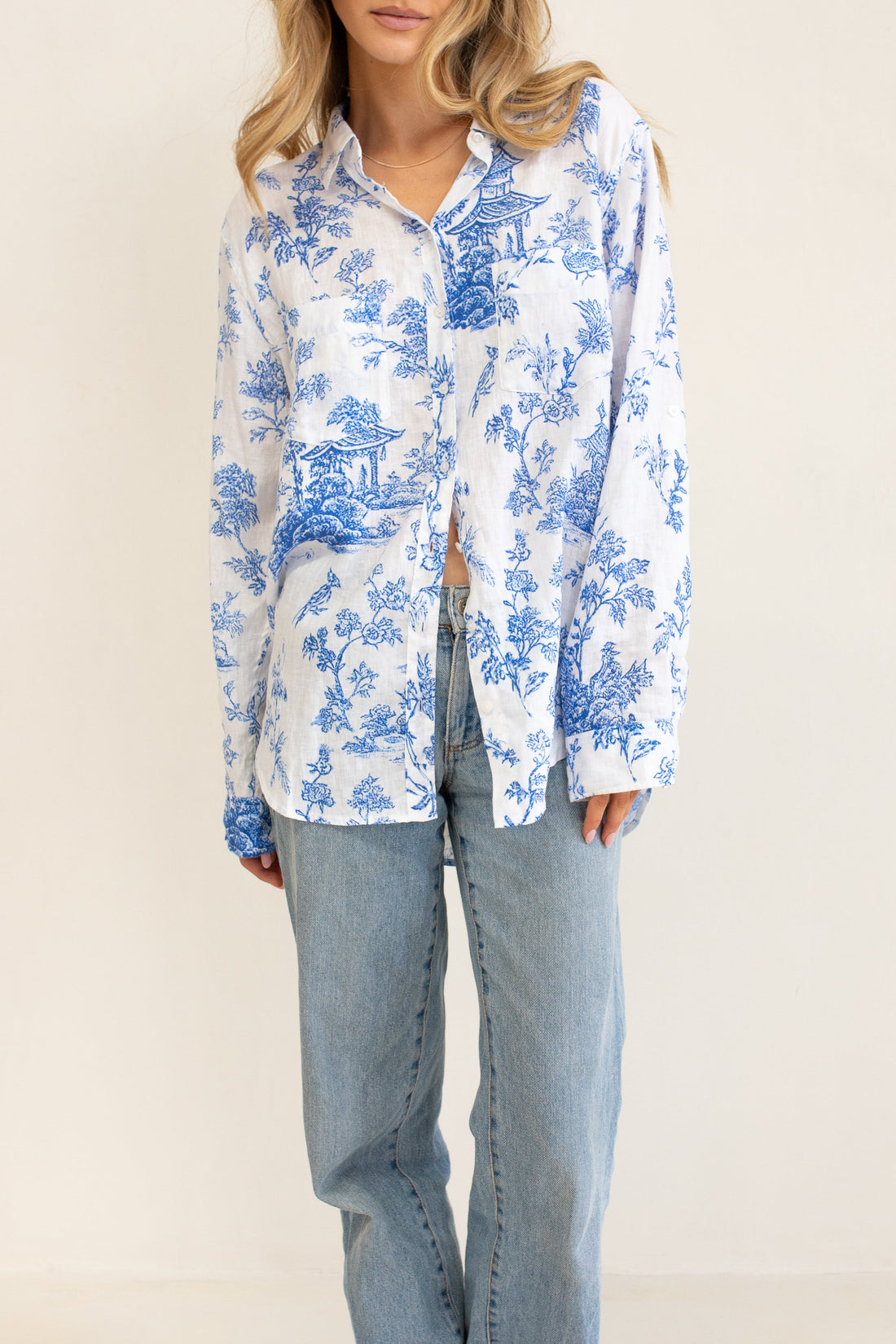 Chinoiserie Boyfriend Linen Shirt