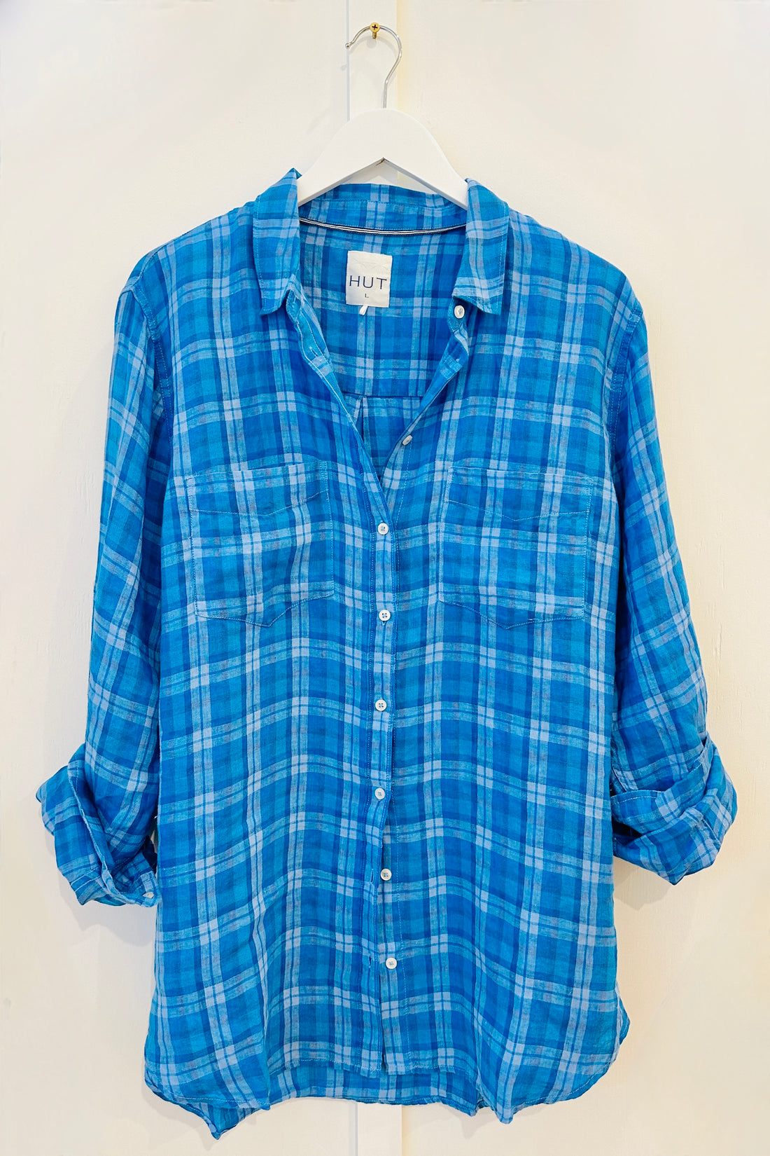 Blue Window Plaid Boyfriend Linen Shirt