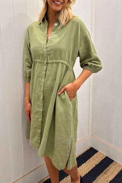 Sage Linen Drawstring Midi Dress