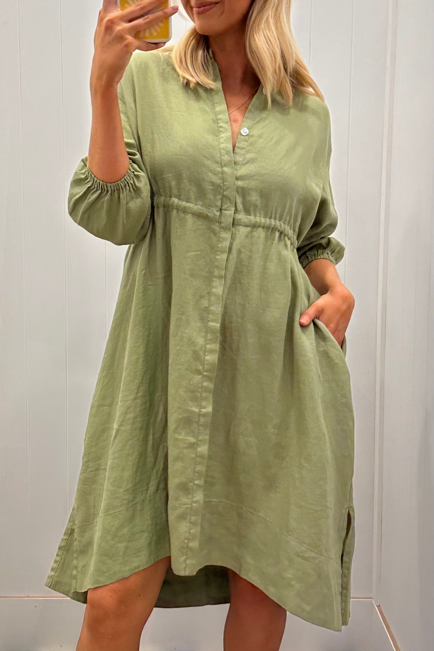 Sage Linen Drawstring Midi Dress