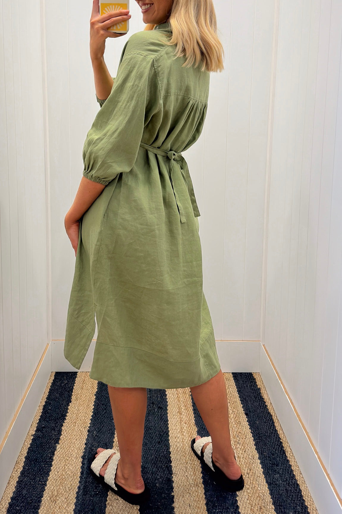 Sage Linen Drawstring Midi Dress