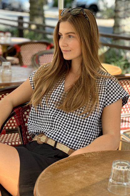 V Neck Black and White Gingham Linen Top