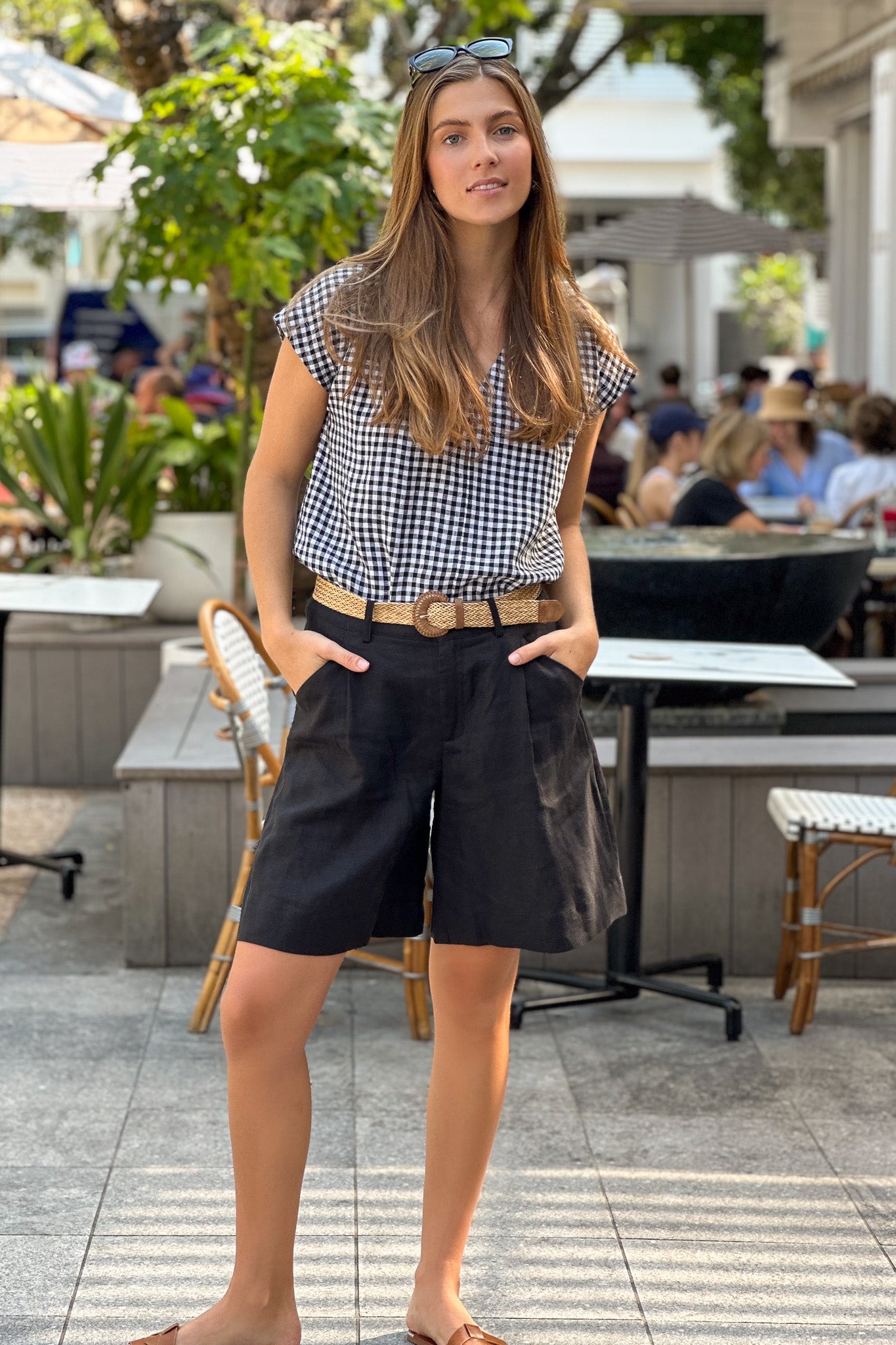 V Neck Black and White Gingham Linen Top