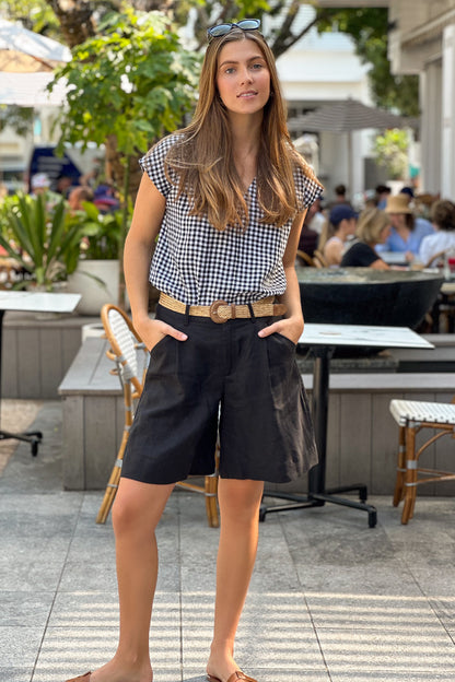 V Neck Black and White Gingham Linen Top