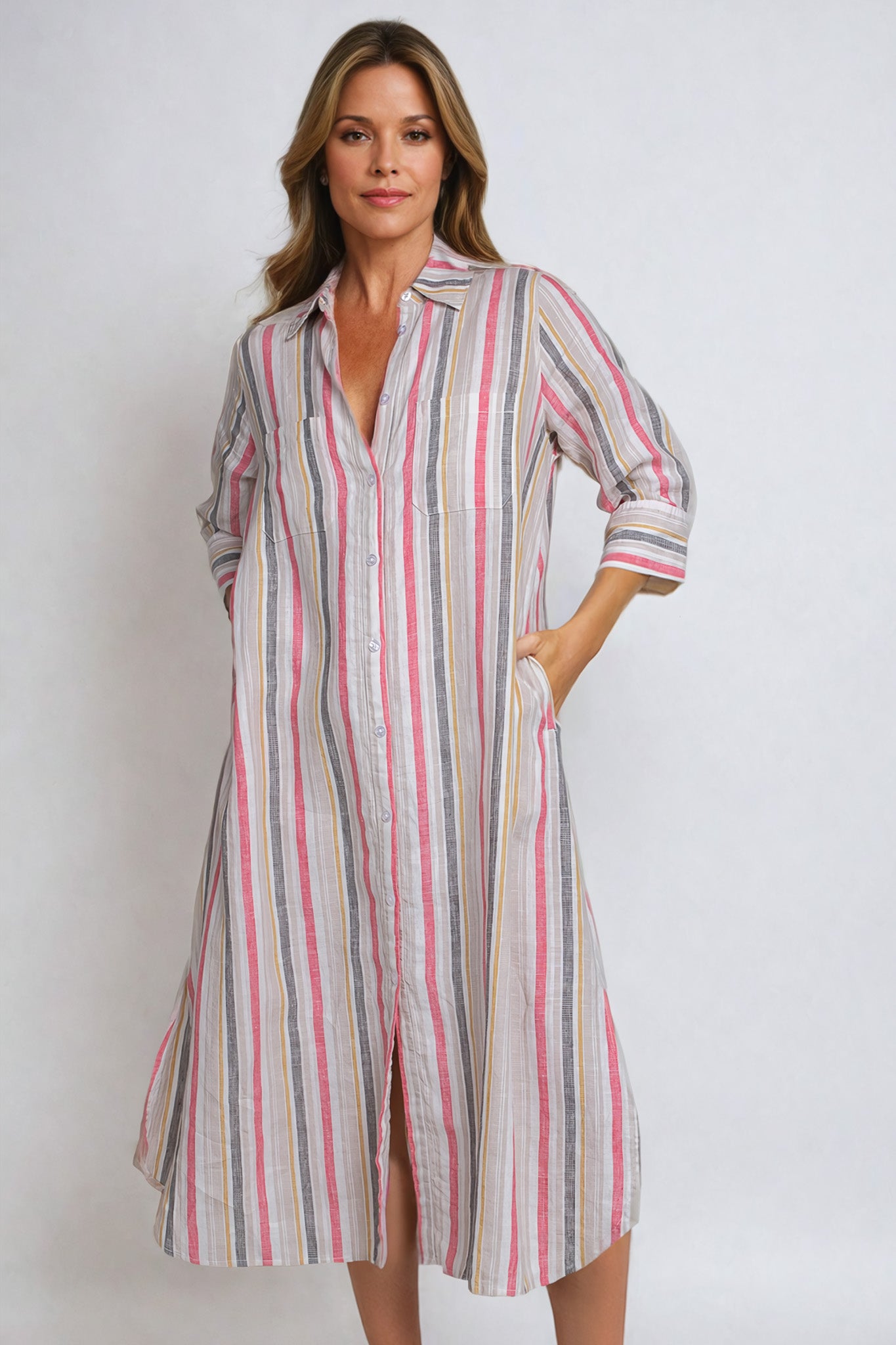 Kelly Linen Dress Earthy Stripe