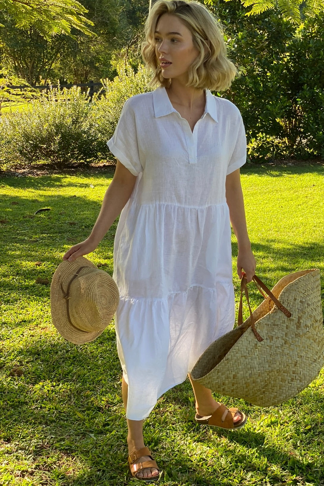 White Tiered Midi Dress with Collar