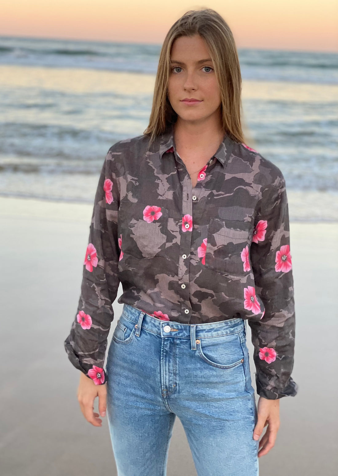 Camo Poppy Boyfriend Linen Shirt