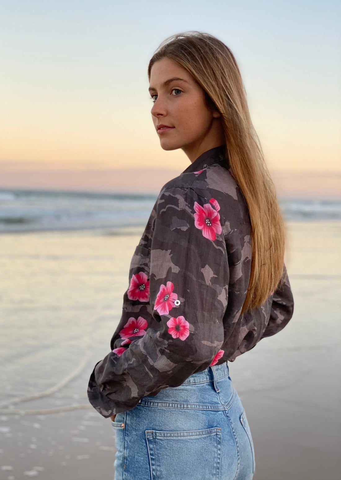 Camo Poppy Boyfriend Linen Shirt