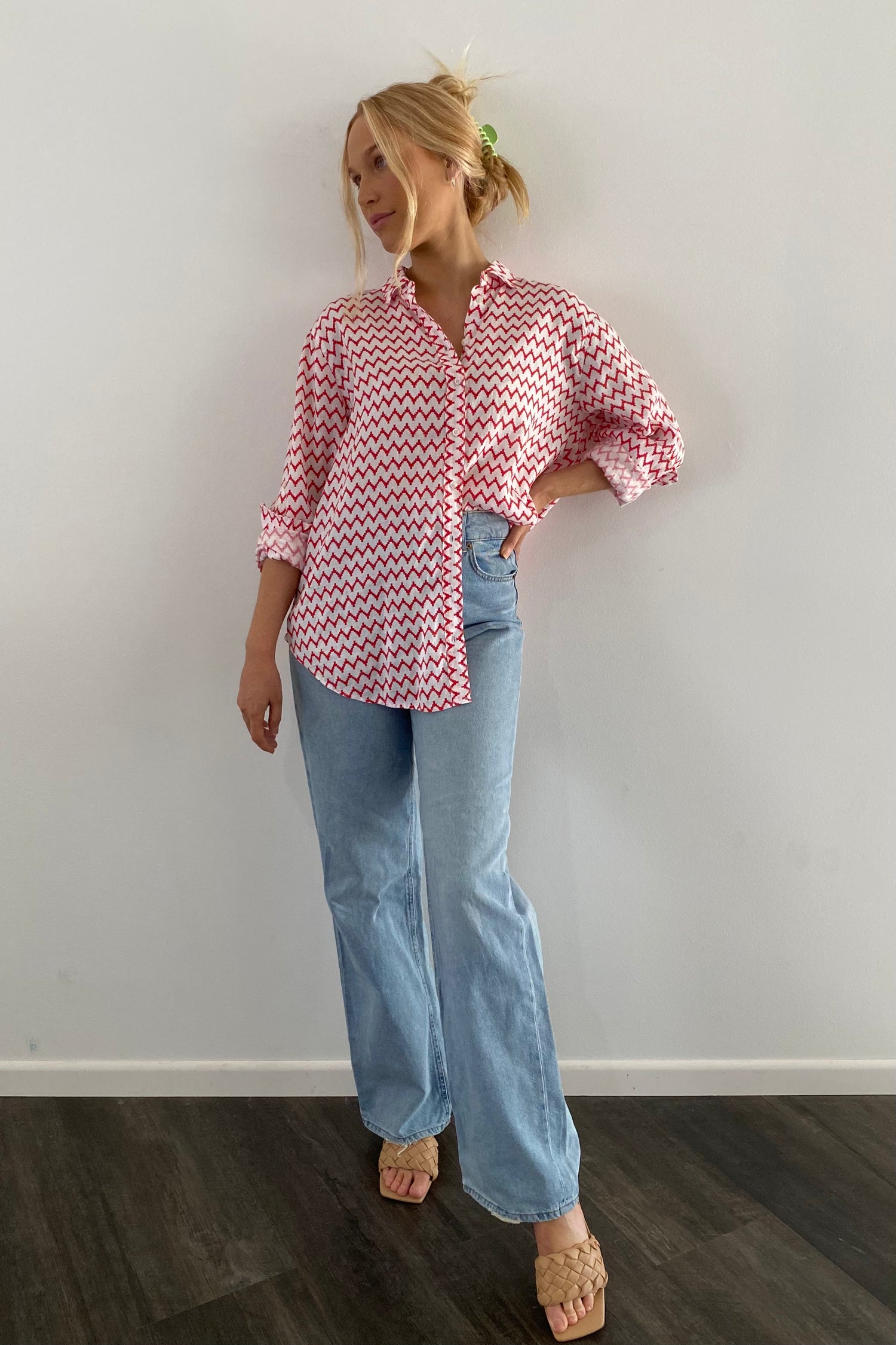 Red Chevron Boyfriend Linen Shirt