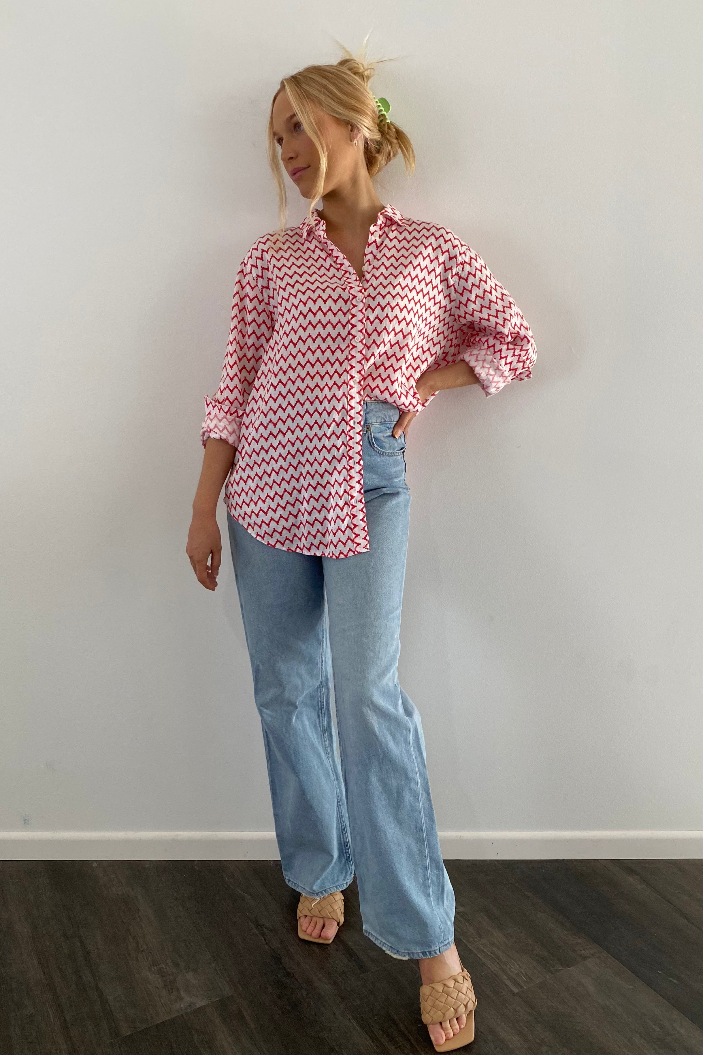Red Chevron Boyfriend Linen Shirt