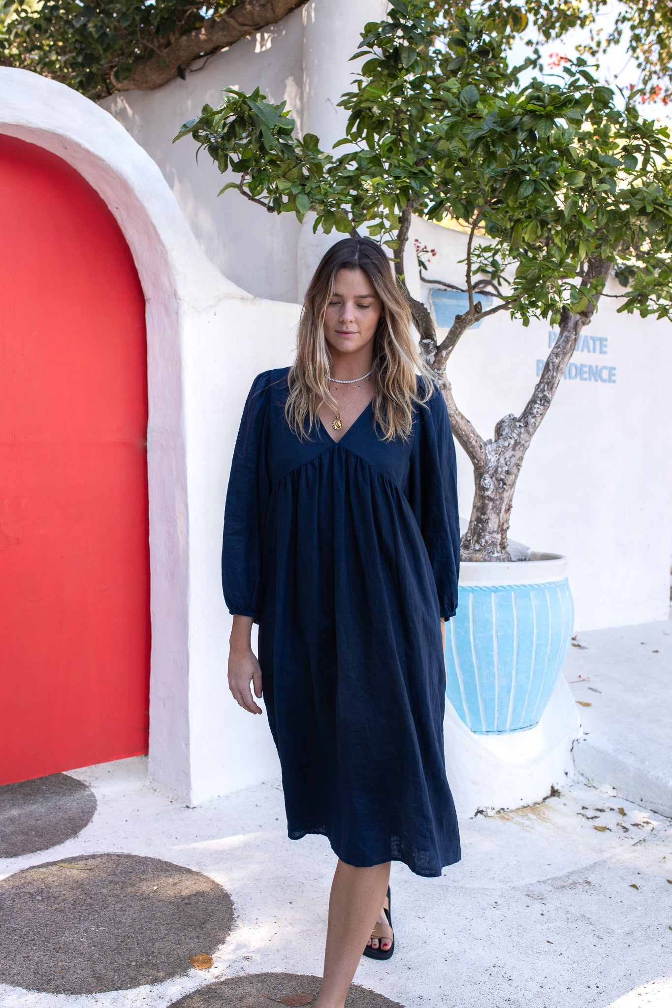 French Navy V Neck Linen Dress