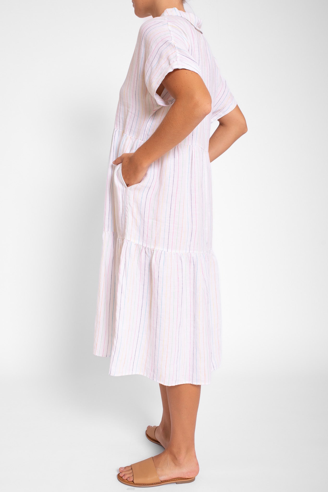 Rainbow Pinstripe Linen Midi Dress with Collar