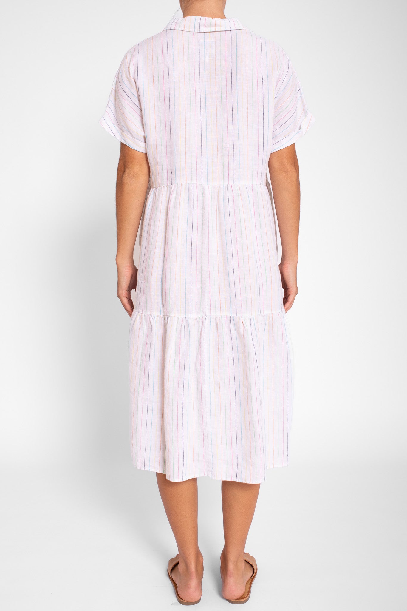 Rainbow Pinstripe Linen Midi Dress with Collar