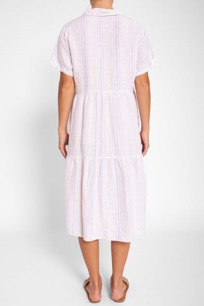 Rainbow Pinstripe Linen Midi Dress with Collar