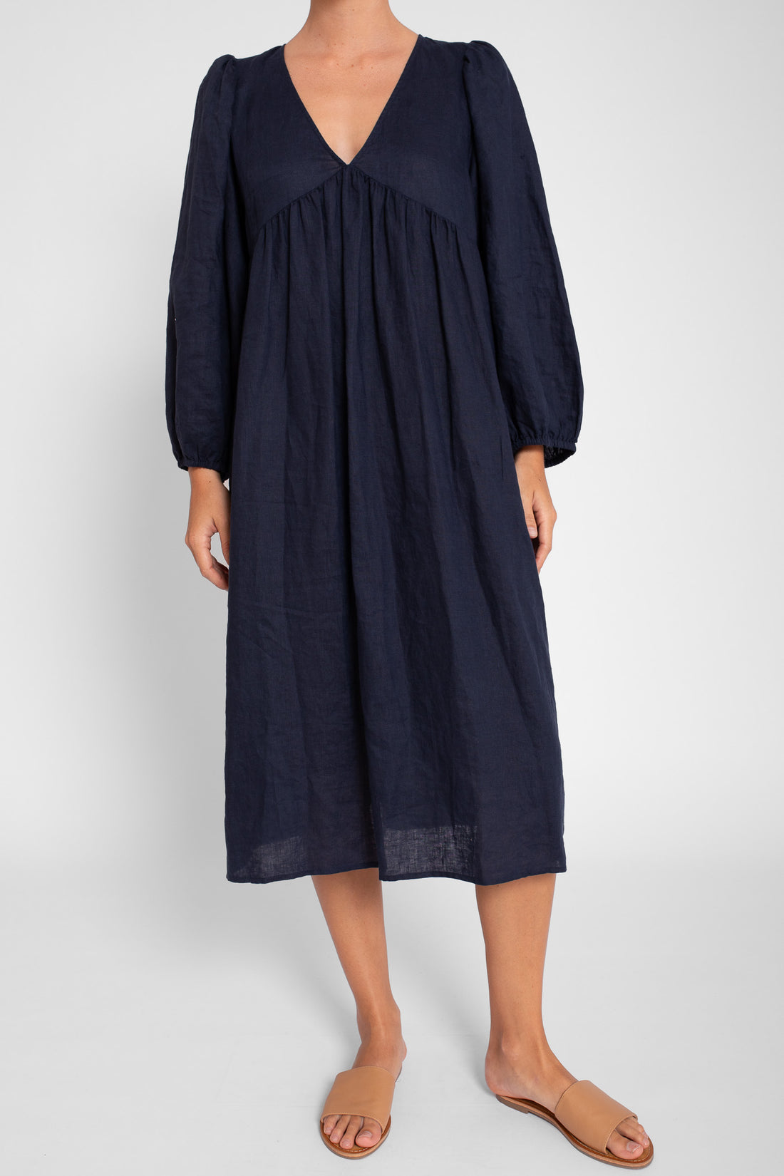 French Navy V Neck Linen Dress