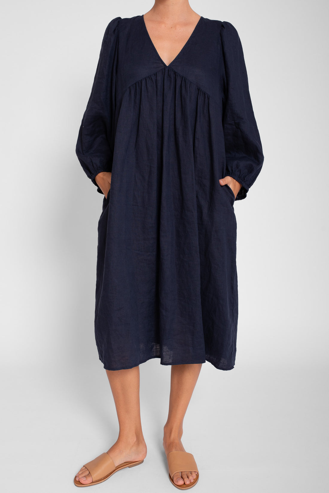 French Navy V Neck Linen Dress