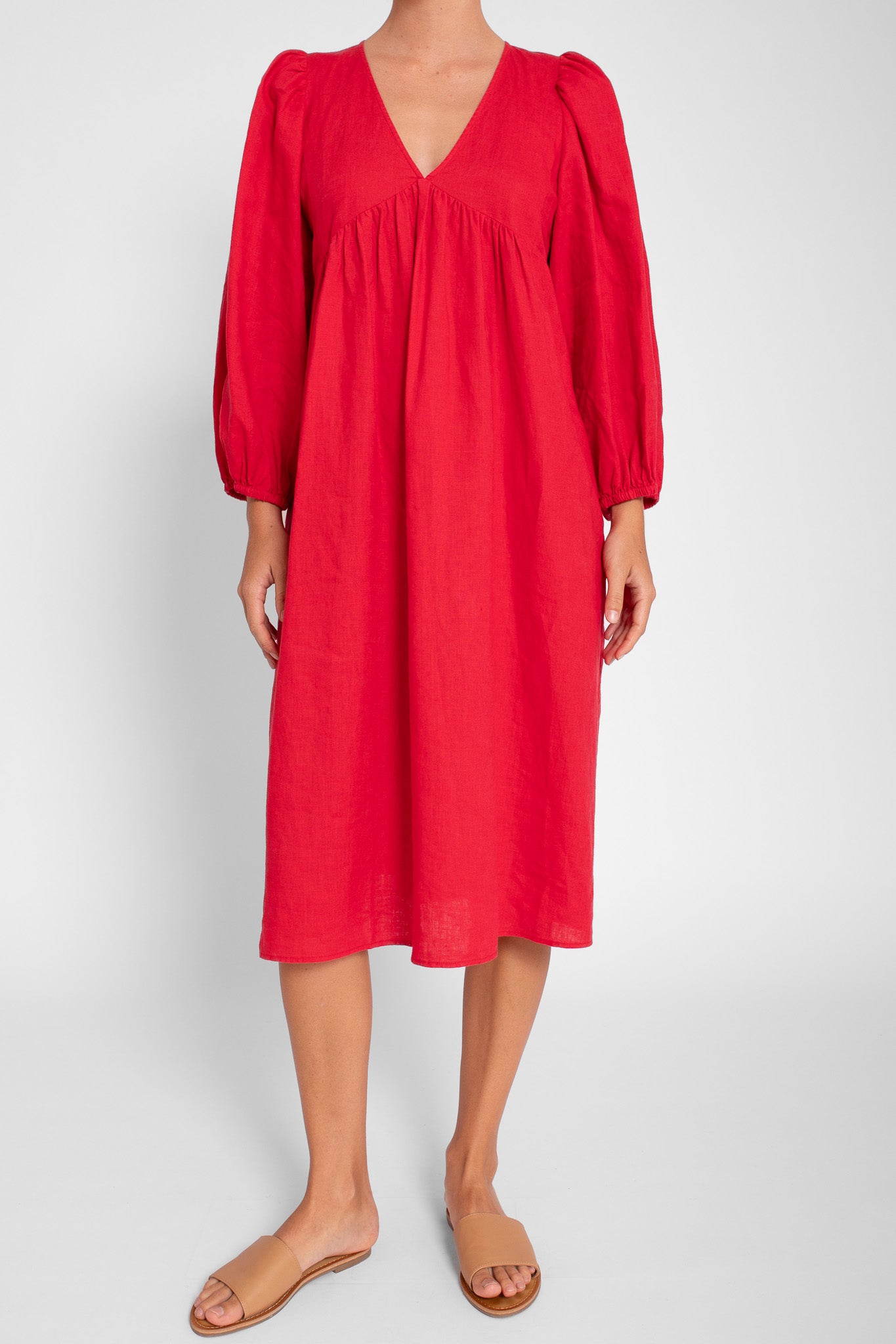 Poppy Red V Neck Linen Dress