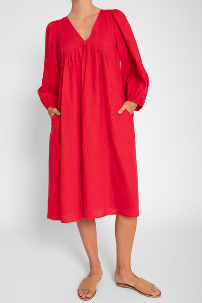Poppy Red V Neck Linen Dress