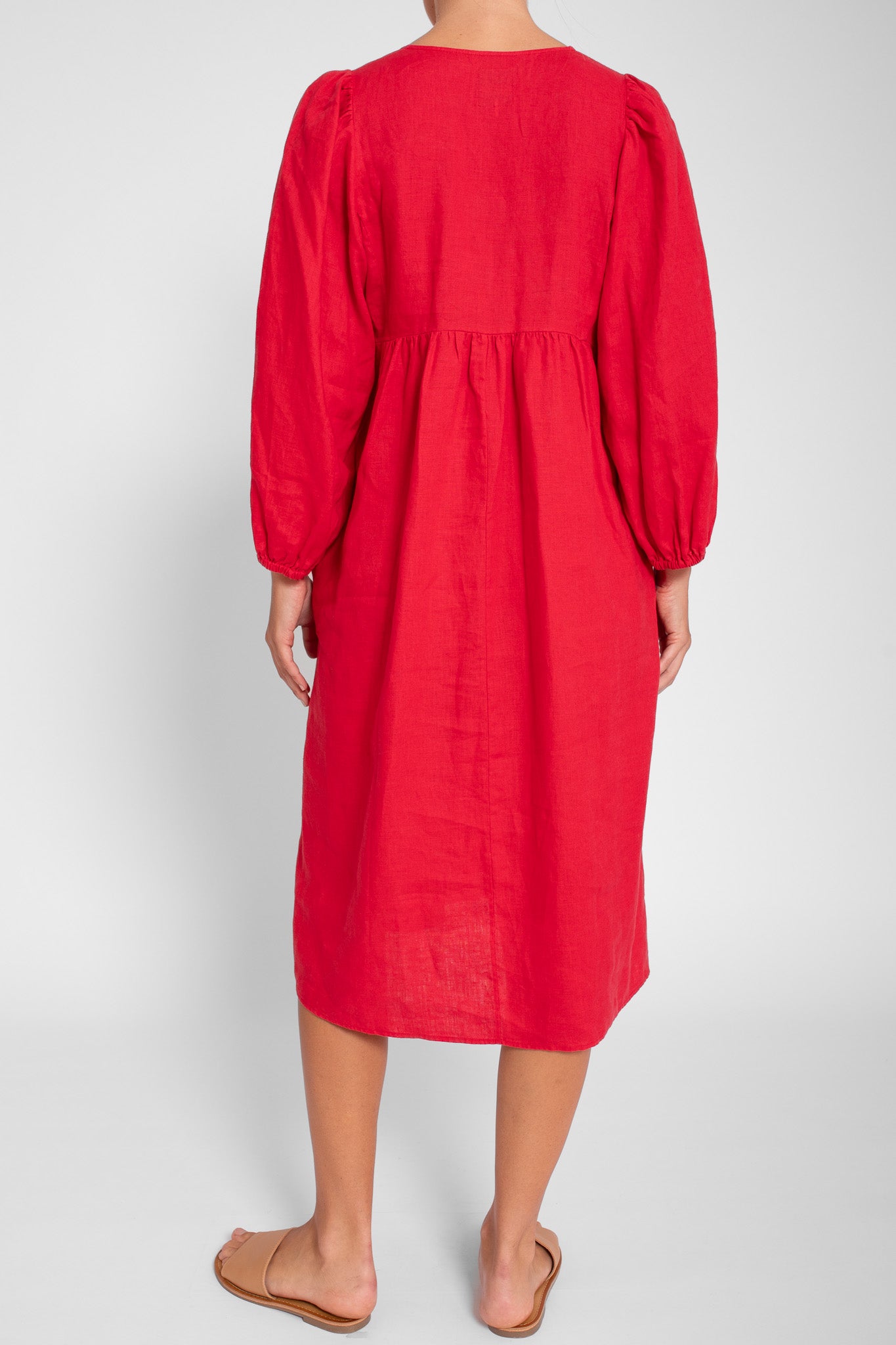 Poppy Red V Neck Linen Dress