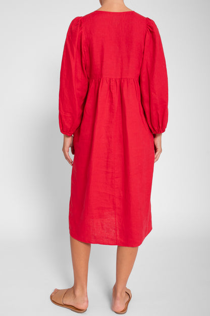 Poppy Red V Neck Linen Dress