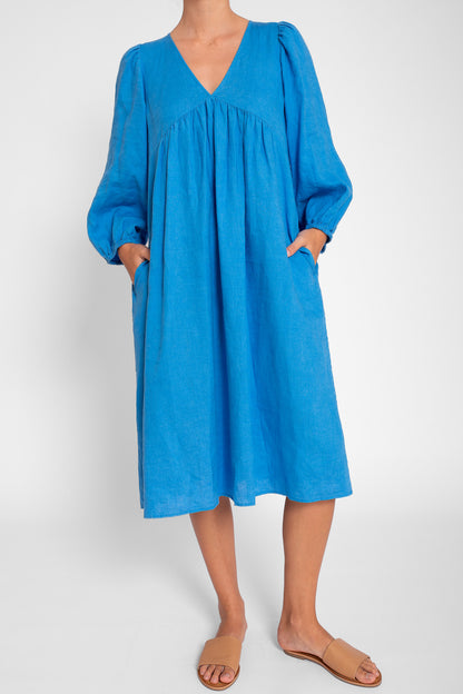 Ibiza Blue V Neck Linen Dress