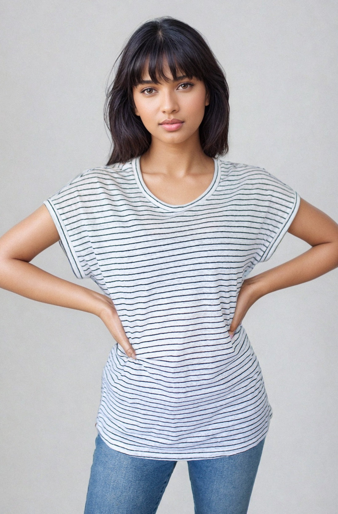 Navy Stripe on White Linen Tee