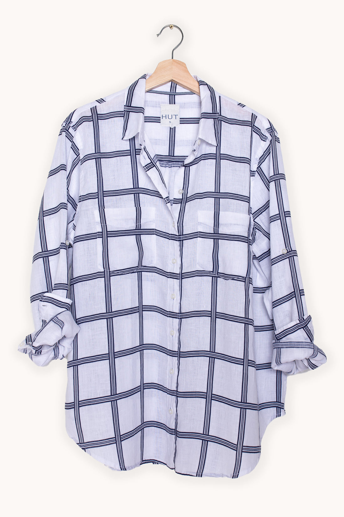 Navy and White Ribbon Check Boyfriend Linen Shirt