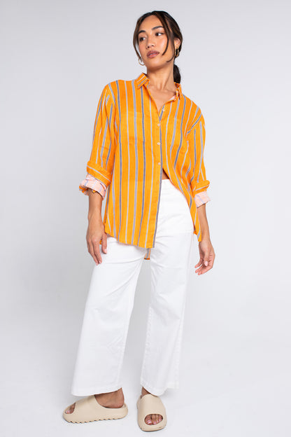 Orange Black Stripe Boyfriend Linen Shirt