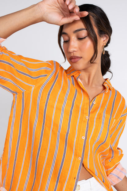Orange Black Stripe Boyfriend Linen Shirt
