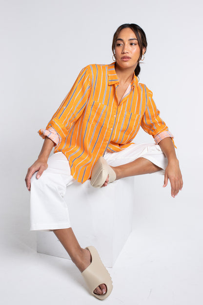 Orange Black Stripe Boyfriend Linen Shirt