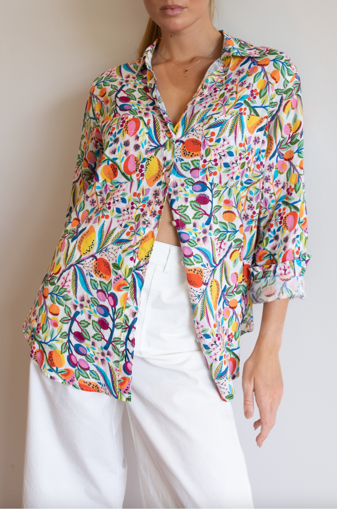 Tropical Fruit Print Boyfriend Linen Shirt