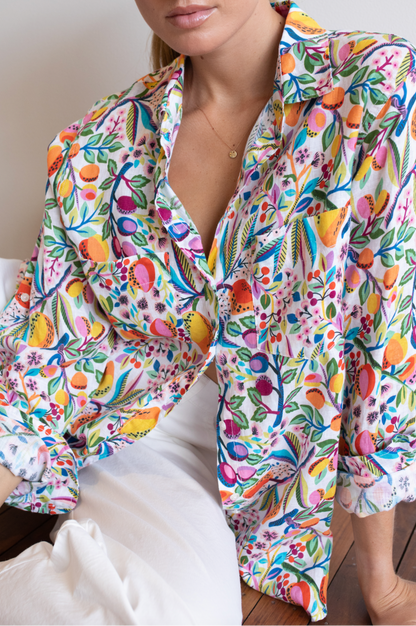 Tropical Fruit Print Boyfriend Linen Shirt