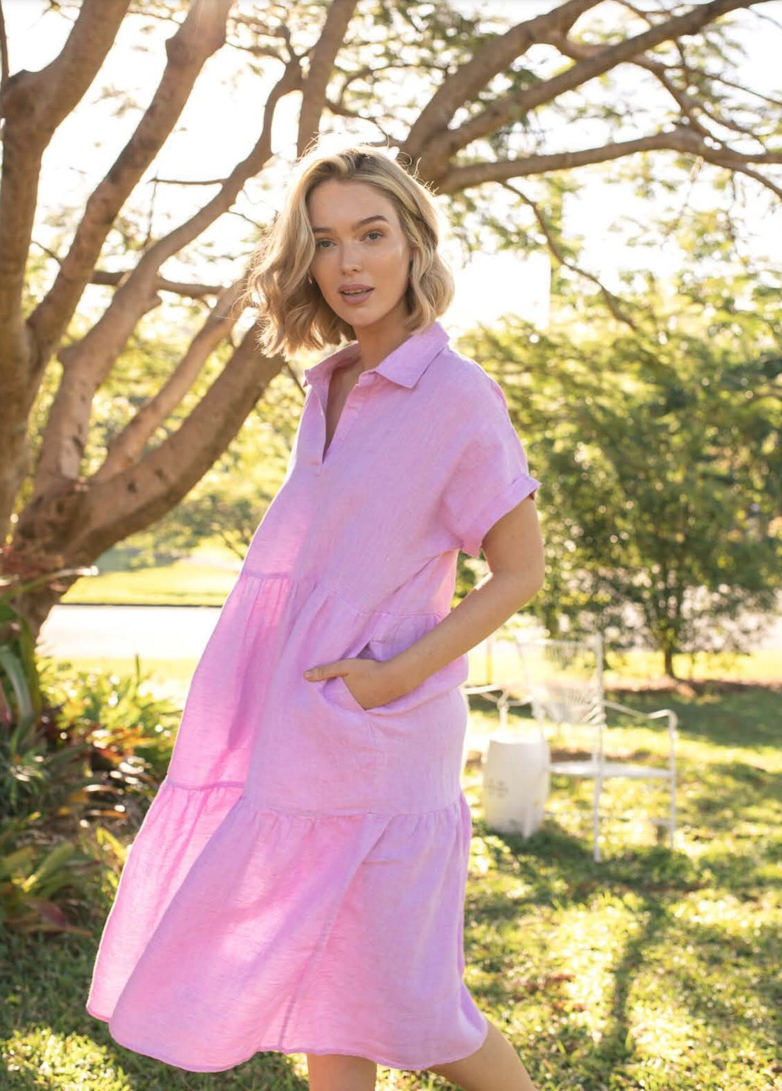 Musk Pink Linen Tiered Dress H20306 HUT clothing Warehouse Sale Musk Pink Linen Tiered Dress H20306 HUT clothing Warehouse Sale