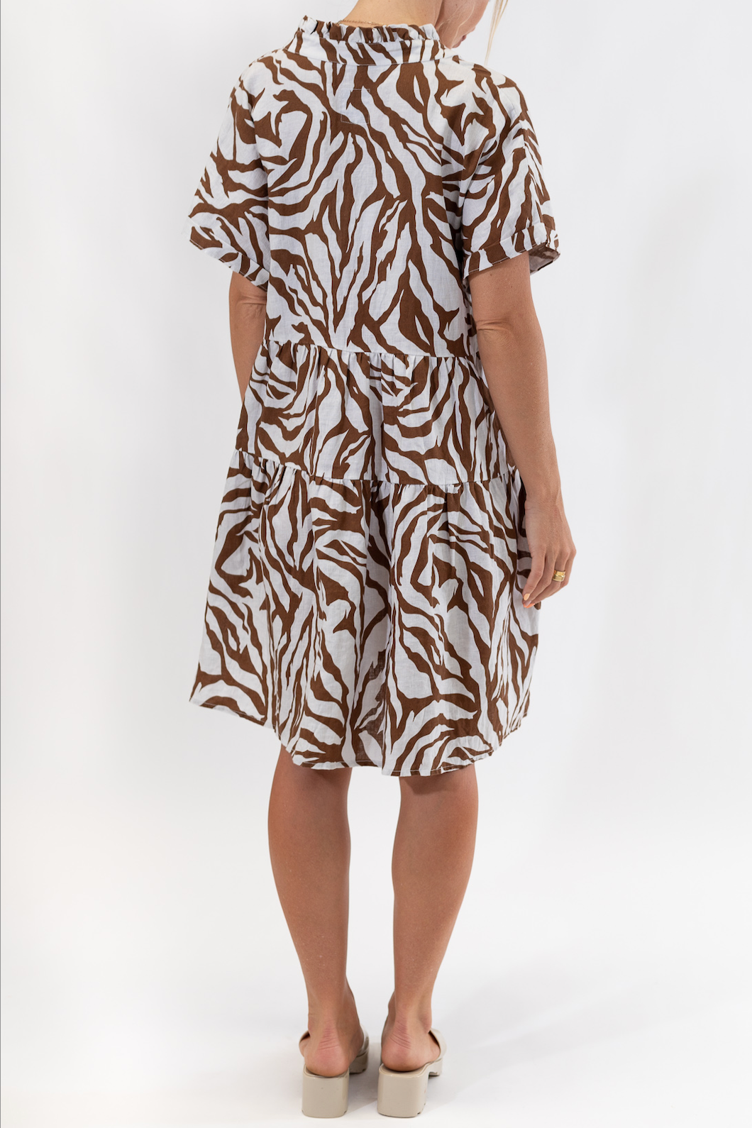 Cocoa and Stone Zebra Print Ruffle Neck Dress
