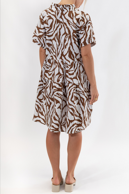 Cocoa and Stone Zebra Print Ruffle Neck Dress